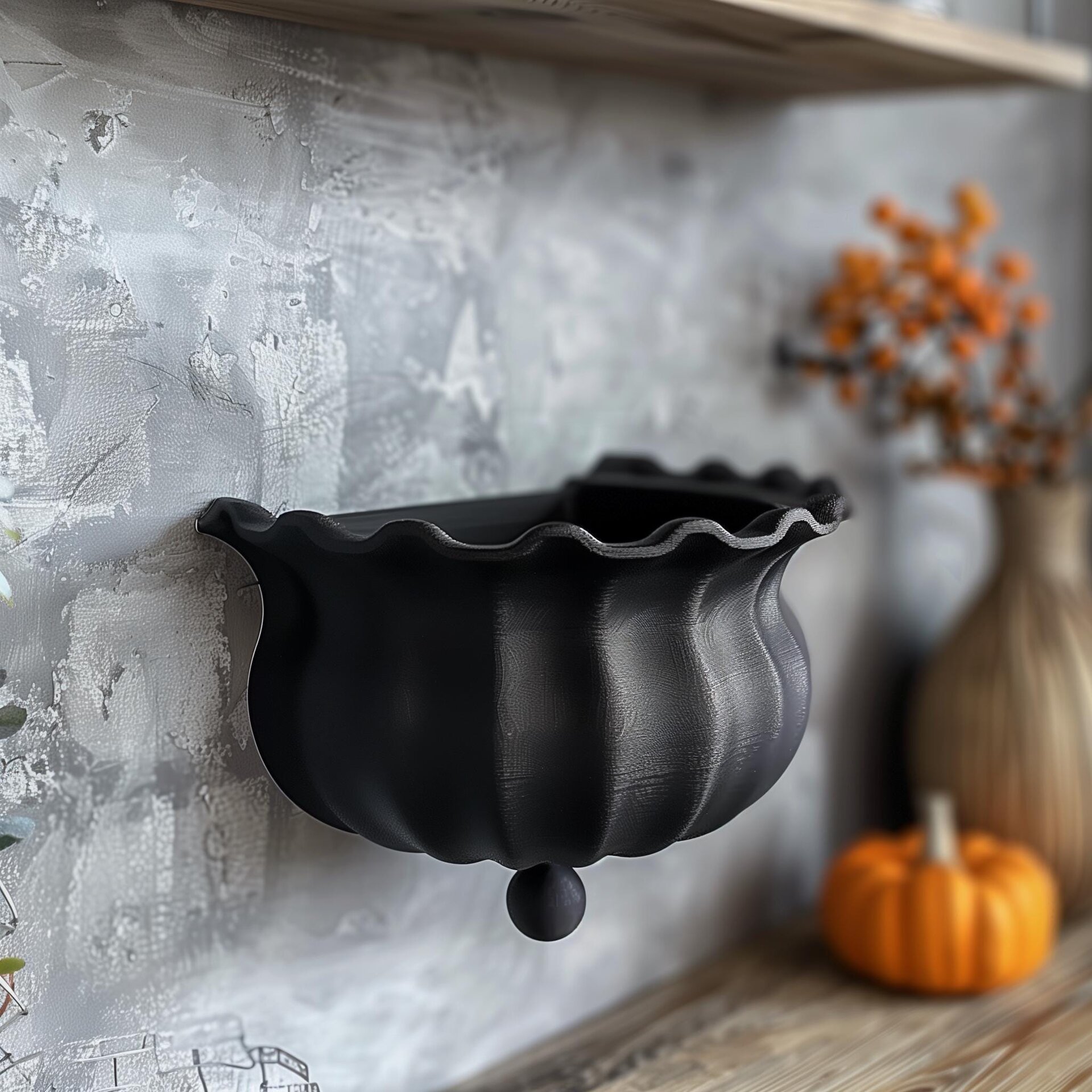 3D Printed Witch Cauldron Wall Shelf | Sculptural Floating Halloween Decor | Minimalist Spooky Accent for Modern Home Interiors and Offices