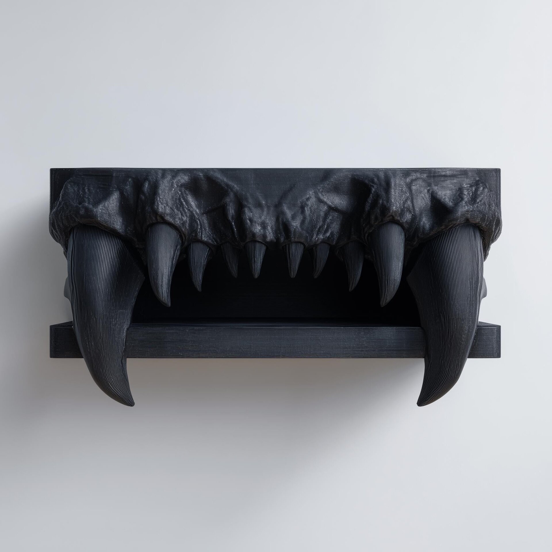 3D Printed Vampire Fangs Wall Shelf | Gothic Monster Jaw Decor | Dark Fantasy Floating Ledge for Horror Bedroom, Gaming Room or Hallway