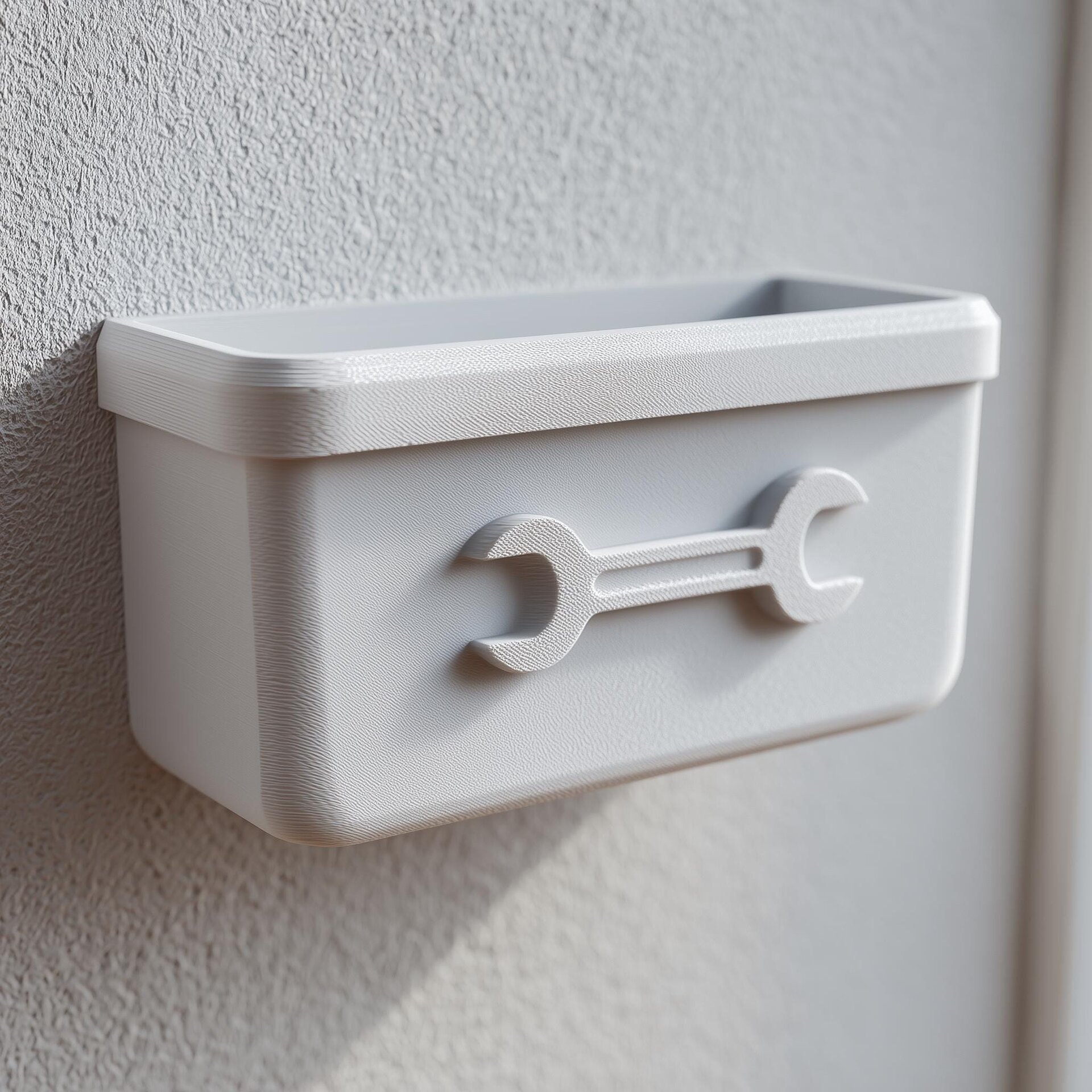 3D Printed Tool Wall Organizer Shelf | Minimal Garage Storage Bin with Wrench Icon | Modern Floating Caddy for Workshop and Utility Rooms