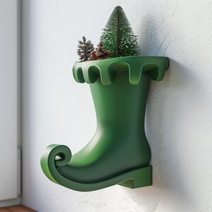 3D Printed Elf Boot Wall Vase Shelf | Whimsical Christmas Decoration | Festive Holiday Wall Decor Accent for Cozy Modern Homes & Kitchens