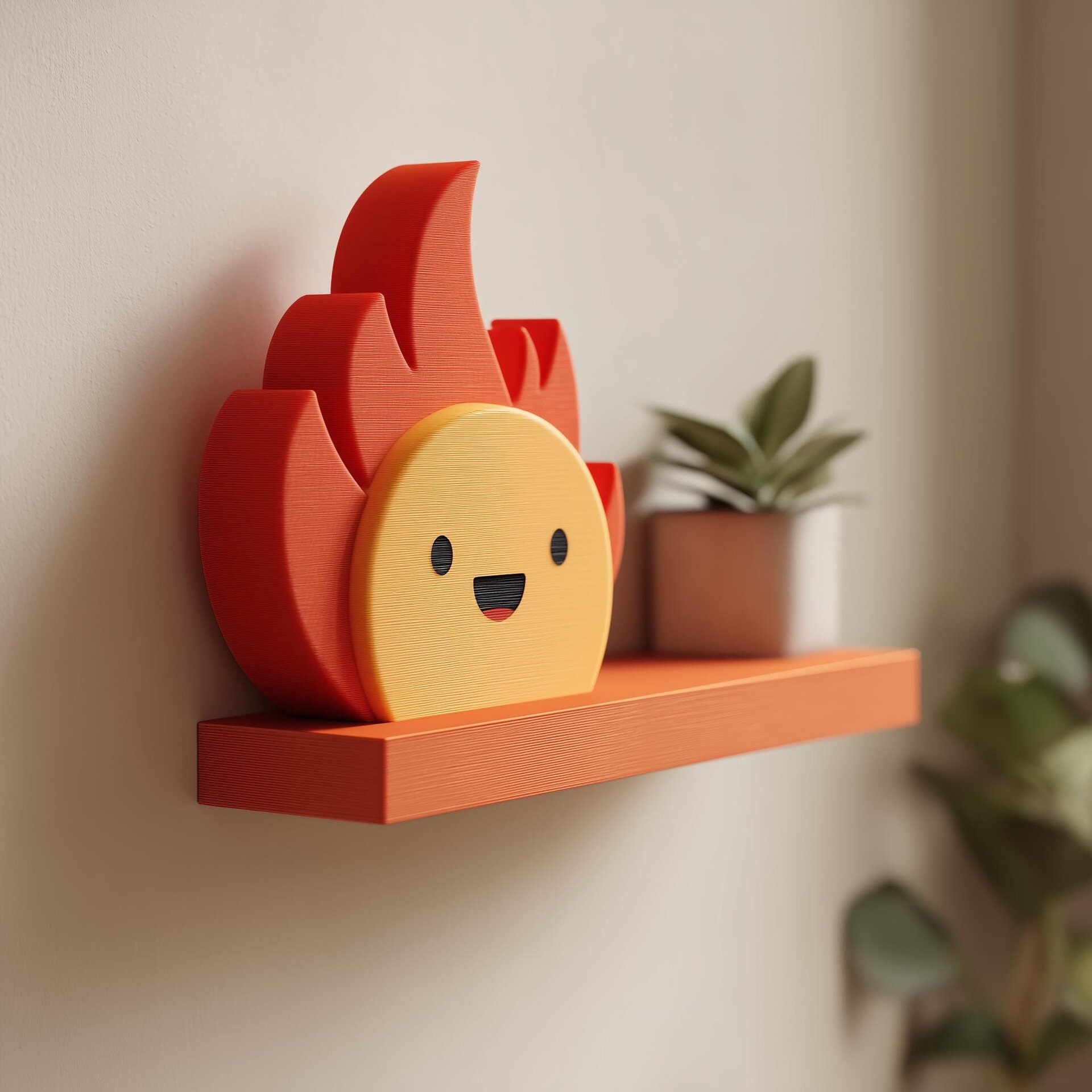 3D Printed Fire Sprite Wall Shelf | Minimalist Flame Character Floating Ledge Display | Cute Fun Room Decor Accent for Cozy Home Interiors