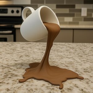 Floating Spilling Coffee Cup | 3D Printed Optical Illusion Sculpture Coffee Lover Kitchen Decor | Funny Desk Accessory Barista Gift Cafe