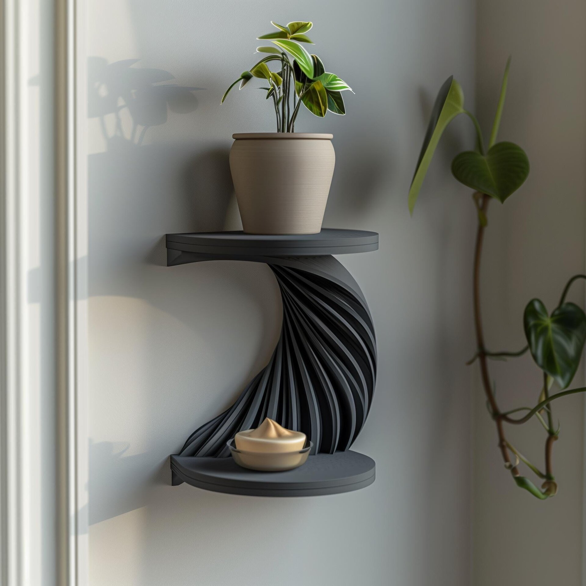 3D Printed Spiral Wall Shelf | Modern Double Tier Floating Corner Display | Sculptural Minimalist Decor Accent for Contemporary Interiors