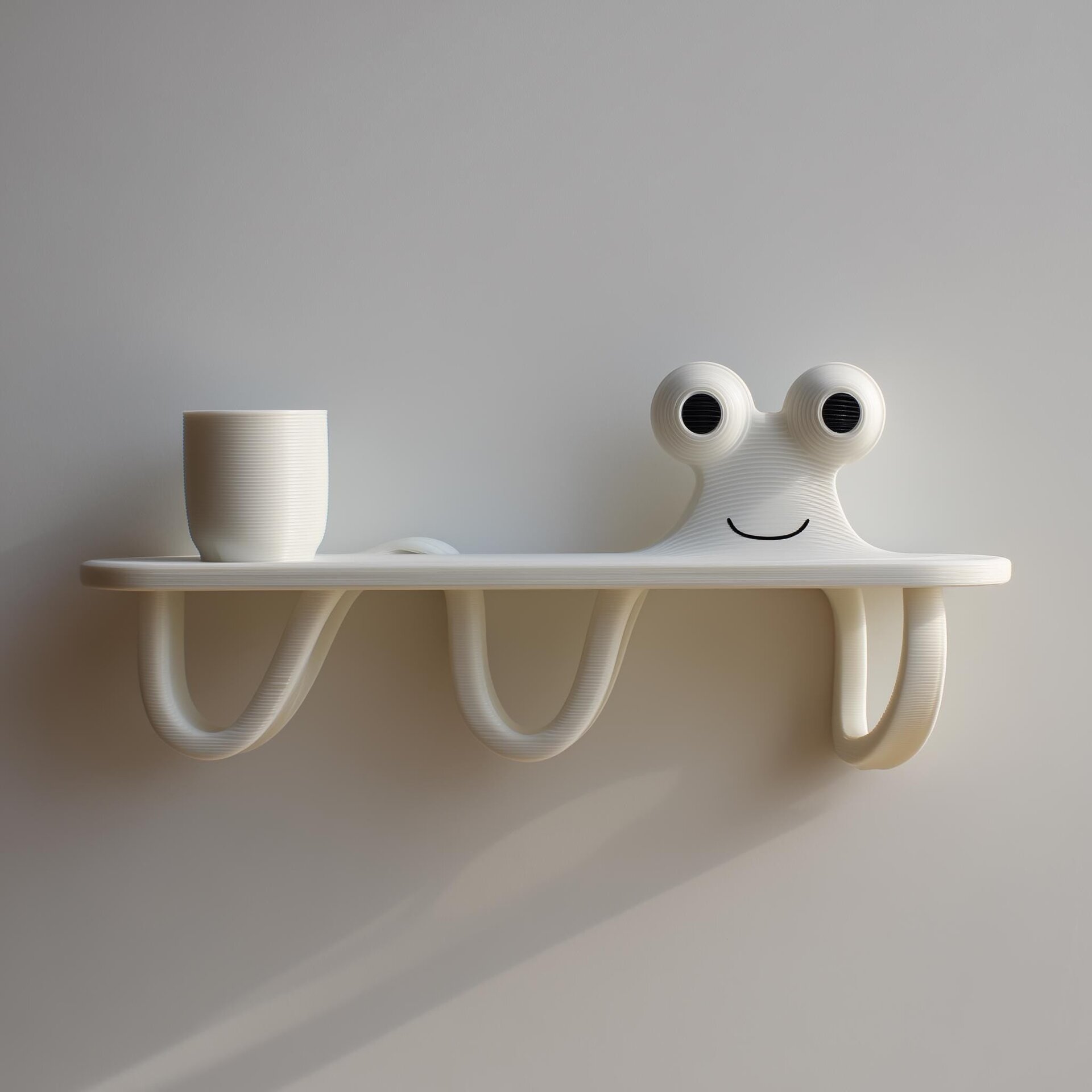 3D Printed Squiggle Friend Wall Shelf | Minimalist Character Floating Ledge with Curved Hooks | Playful Room Decor Accent for Cozy Home