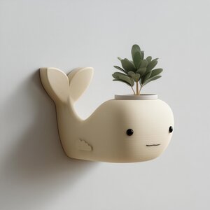 3D Printed Whale Wall Planter | Cute Kawaii Wall Mounted Pot | Minimal Ocean Nursery Decor Accent for Small Plants and Greenery