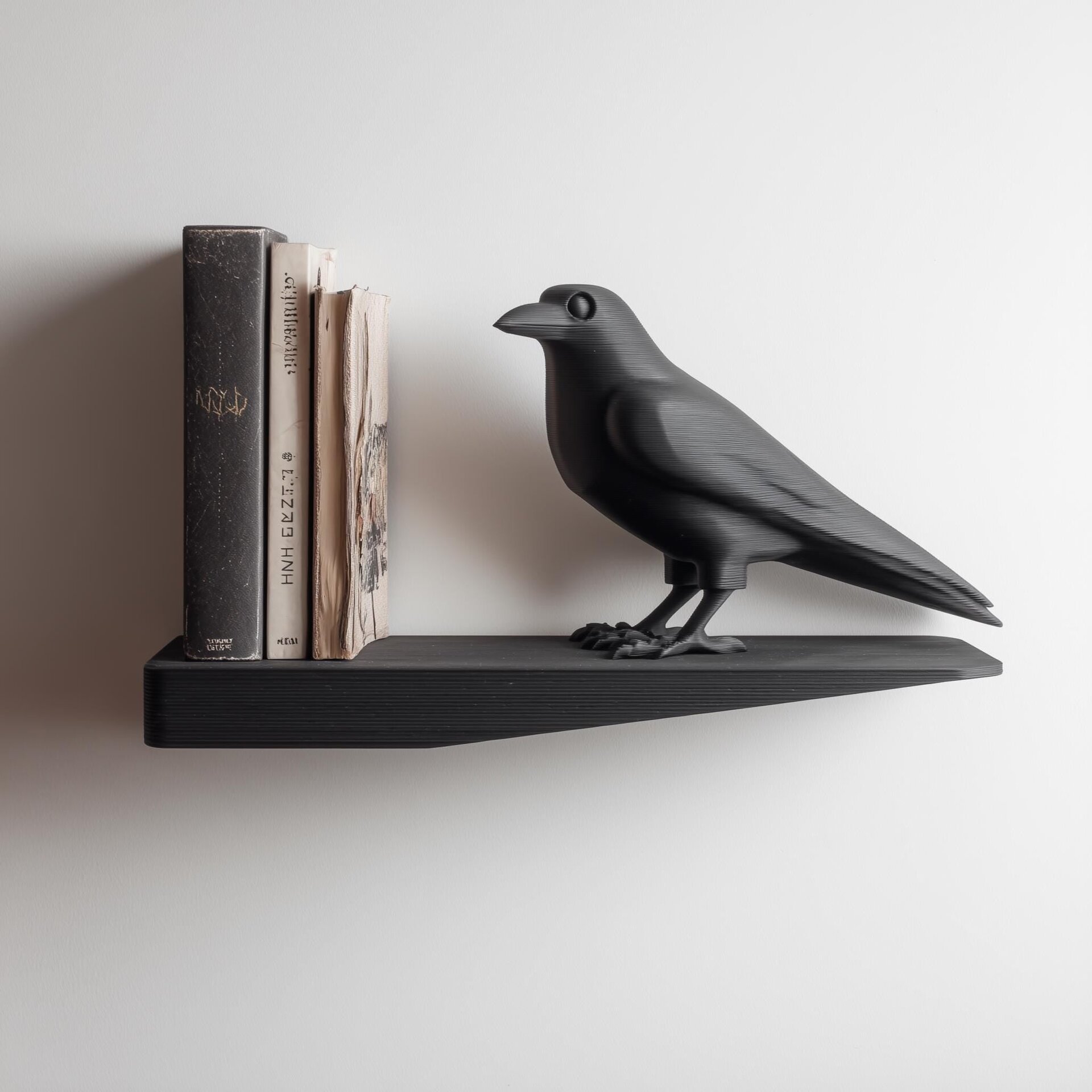 3D Printed Raven Wall Shelf | Minimal Bird Bookend Floating Ledge Display | Gothic Modern Room Decor Accent for Reading Nooks and Offices