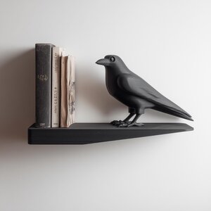 3D Printed Raven Wall Shelf | Minimal Bird Bookend Floating Ledge Display | Gothic Modern Room Decor Accent for Reading Nooks and Offices