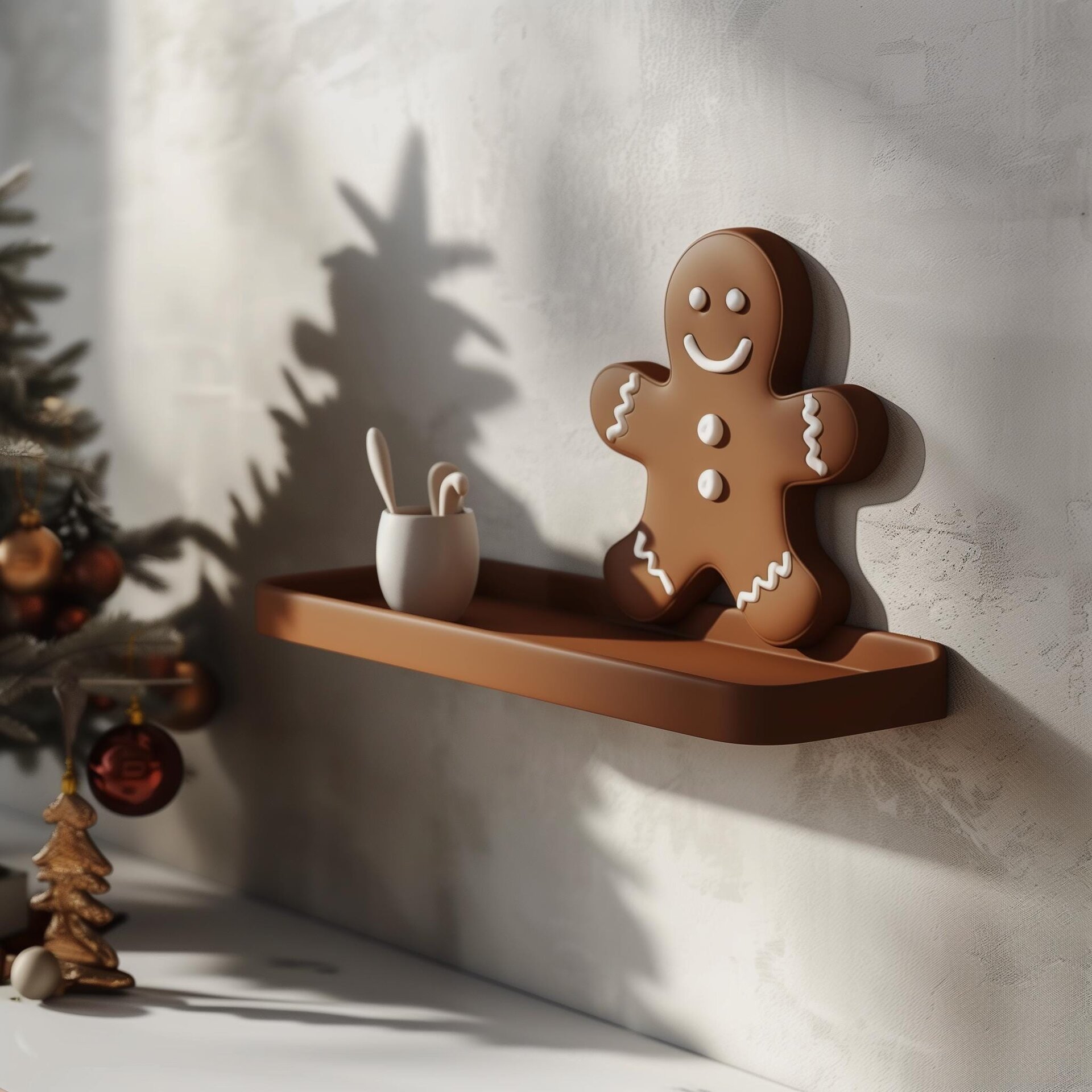 3D Printed Gingerbread Man Wall Shelf | Modern Christmas Floating Shelf Design | Unique Holiday Home Decor | Festive Wall Organizer